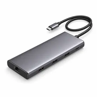Illustration générée du hub UGREEN 15534 : boîtier gris sur fond blanc, avec câble hôte USB-C ; rendu indicatif des connecteurs