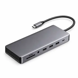 Illustration générée du hub UGREEN 15978 : boîtier gris sur fond blanc, avec câble hôte USB-C ; rendu indicatif des connecteurs