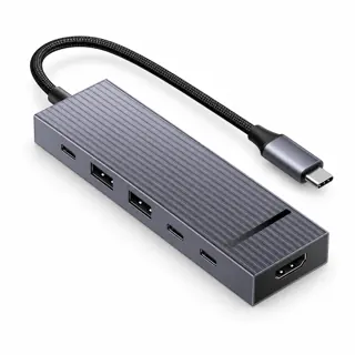 Illustration générée du hub UGREEN 45363 : boîtier gris sur fond blanc, avec câble hôte USB-C ; rendu indicatif des connecteurs
