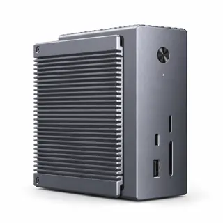 Illustration générée du hub UGREEN 55735 : boîtier gris sur fond blanc, avec câble hôte USB-C ; rendu indicatif des connecteurs