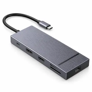 Illustration générée du hub UGREEN 55766 : boîtier gris sur fond blanc, avec câble hôte USB-C ; rendu indicatif des connecteurs