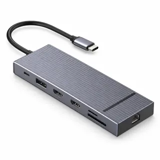 Illustration générée du hub UGREEN 55767 : boîtier gris sur fond blanc, avec câble hôte USB-C ; rendu indicatif des connecteurs
