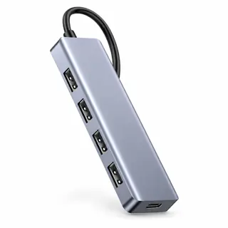 Illustration générée du hub UGREEN 70336 : boîtier gris sur fond blanc, avec câble hôte USB-C ; rendu indicatif des connecteurs