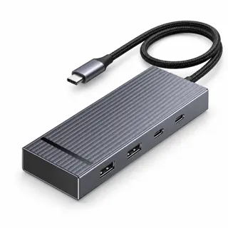 Illustration générée du hub UGREEN 75027 : boîtier gris sur fond blanc, avec câble hôte USB-C ; rendu indicatif des connecteurs