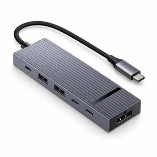 Illustration générée du hub UGREEN 75244 : boîtier gris sur fond blanc, avec câble hôte USB-C ; rendu indicatif des connecteurs