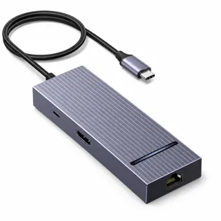 Illustration générée du hub UGREEN 75774 : boîtier gris sur fond blanc, avec câble hôte USB-C ; rendu indicatif des connecteurs