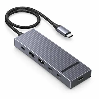 Illustration générée du hub UGREEN 75775 : boîtier gris sur fond blanc, avec câble hôte USB-C ; rendu indicatif des connecteurs