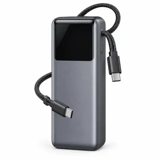 Illustration générée de famille : batterie grise verticale à écran sombre et deux câbles USB-C attachés