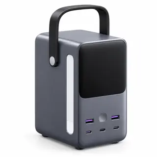 Illustration générée de famille : batterie USB grise à poignée supérieure et écran sombre, sans prise secteur