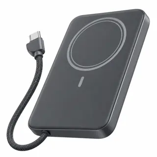 Illustration générée de famille : batterie magnétique grise avec anneau de charge et câble USB-C attaché