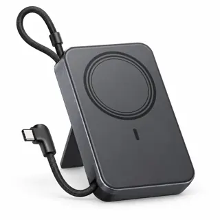 Illustration générée de famille : batterie magnétique grise avec câble USB-C attaché et support déplié