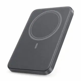Illustration générée de famille : batterie externe grise plate avec anneau de charge sans fil, sans câble visible