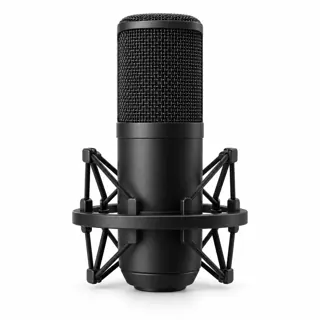 Illustration générée de famille : microphone noir à condensateur vertical dans une suspension, sans logo ni connecteur visible ; pas la photo exacte du modèle RØDE NT1 5th Generation, accessoires non contractuels