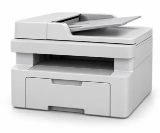 Illustration générée de famille : imprimante multifonction gris clair avec chargeur de documents au-dessus du scanner sur fond blanc ; pas la photo exacte de Epson WorkForce WF-7830DTWF, aucune fonction ou accessoire déduit du visuel