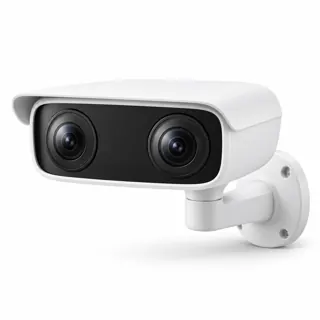 Illustration générée de famille : caméra blanche à deux objectifs côte à côte sur support sur fond blanc ; pas la photo exacte de Reolink Argus 4 Pro, aucune fonction ou accessoire déduit du visuel