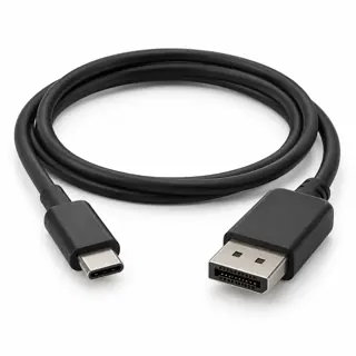 Illustration générique générée d’un câble noir USB-C vers DisplayPort sur fond blanc ; pas la photo exacte de Club 3D CAC-1563