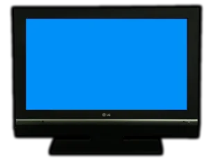 Ancien téléviseur LG à cadre noir, écran bleu et pied central ; photo illustrative, pas la photo exacte de LG 65C6 ni preuve des accessoires fournis