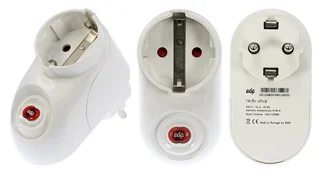 Trois vues d’une seule ancienne prise connectée EDP re:dy blanche sur fond blanc ; photo illustrative, pas le modèle exact EZVIZ CS-T31-16E-EU Matter ni le contenu du coffret