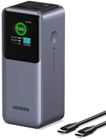 Batterie externe UGREEN Nexode avec écran et câble à côté