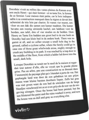 Liseuse Vivlio InkPad 4 affichant une page de texte