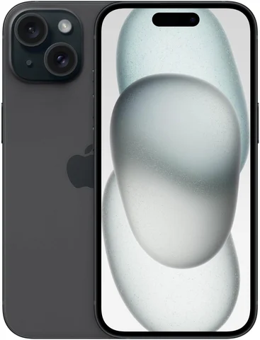 Smartphone Apple iPhone 15 noir, vues avant et arrière