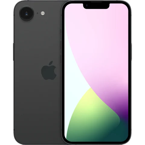 Smartphone Apple iPhone 16e noir, vues avant et arrière