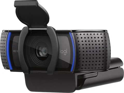 Webcam Logitech C920s avec cache d’objectif relevé