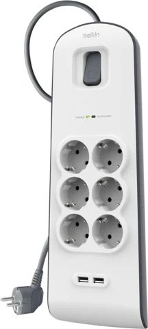 Multiprise Belkin BSV604 blanche et grise à six prises et deux ports USB