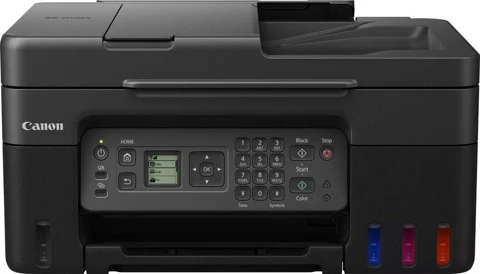Canon PIXMA G4570 noire, vue de face avec chargeur de documents et panneau de commande