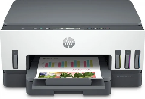 HP Smart Tank 7005 blanche et grise, vue de face avec une photo en sortie