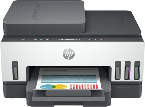 HP Smart Tank 7305 blanche et grise, vue de face avec chargeur de documents et page couleur en sortie