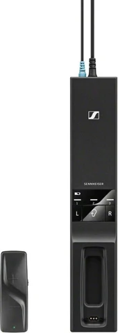 Sennheiser Flex 5000 noir, station verticale et récepteur à clip présentés côte à côte