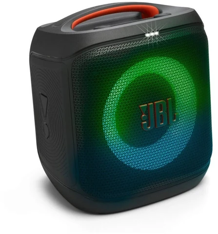 JBL PartyBox Encore Essential 2 noire, vue de trois quarts avec anneau lumineux vert