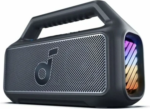 Soundcore Boom 2 noire, vue de trois quarts avec poignée et lumière latérale