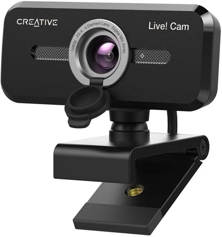 Creative Live! Cam Sync 1080p V2 noire, objectif central et clip vus de face