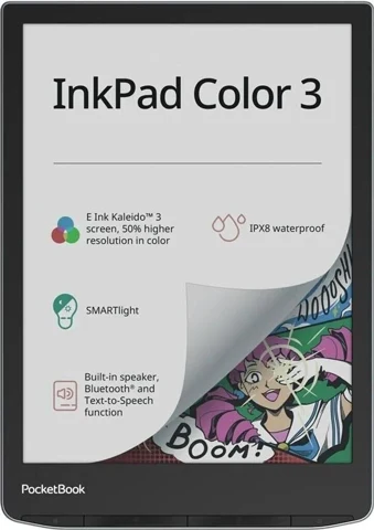 PocketBook InkPad Color 3 gris foncé, vue de face avec une illustration à l’écran