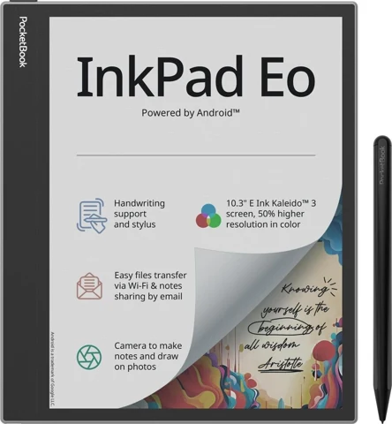 PocketBook InkPad Eo grise, vue de face avec son stylet à droite
