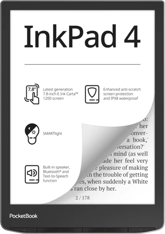 PocketBook InkPad 4 argentée, vue de face avec son écran de démonstration