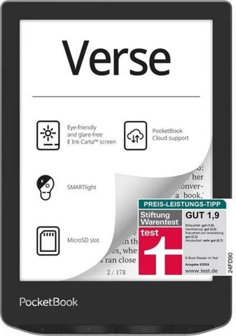 PocketBook Verse grise, vue de face avec son visuel de démonstration