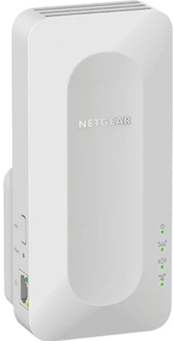 Répéteur NETGEAR EAX12 blanc, vue de trois quarts avec sa tranche latérale