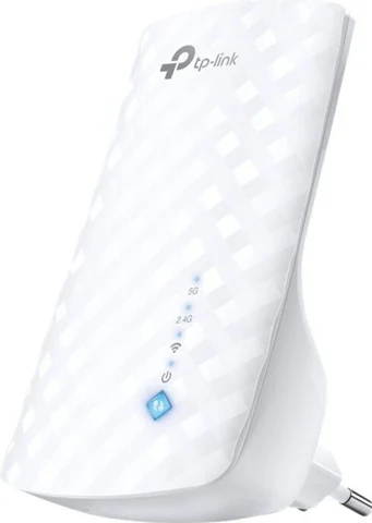 Répéteur TP-Link RE190 blanc, vue de trois quarts avec sa prise secteur