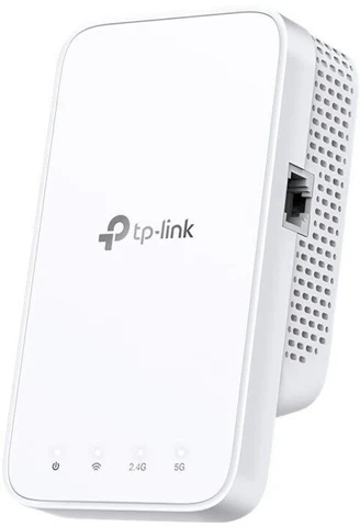 Répéteur TP-Link RE330 blanc, vue de trois quarts montrant son port latéral