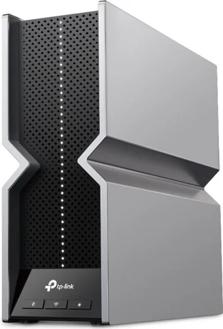 TP-Link RE800BE gris et noir, boîtier vertical vu de trois quarts