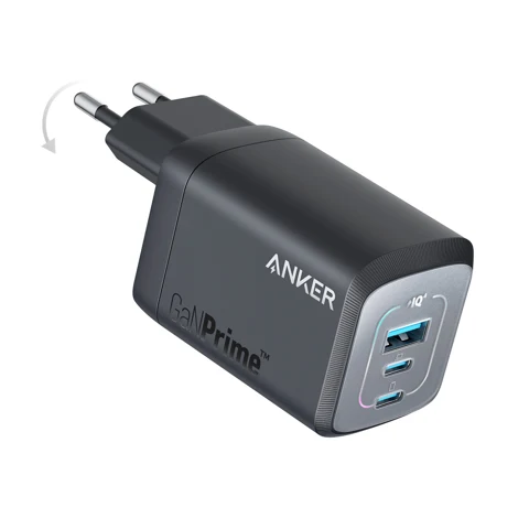 Chargeur Anker Prime 67 W noir, vue de trois quarts avec les ports en façade