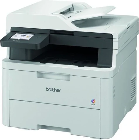 Brother DCP-L3560CDW blanc et gris, vue de trois quarts avec son bac papier frontal