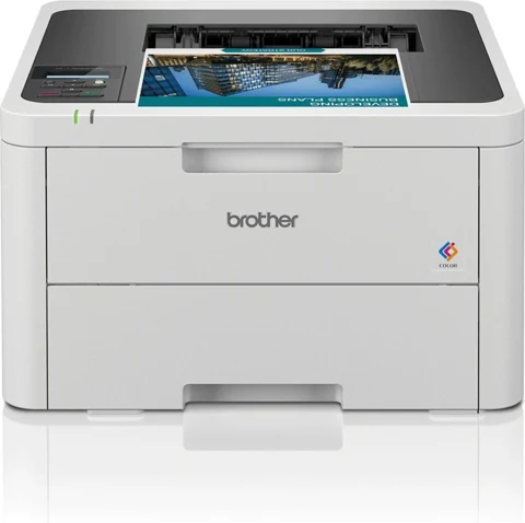 Brother HL-L3240CDW blanc et gris, vue de face avec une feuille couleur en sortie
