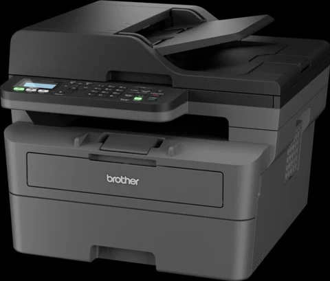 Multifonction Brother MFC-L2800DW noir, vue de trois quarts avec son chargeur de documents