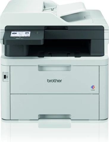 Brother MFC-L3760CDW blanc et gris, vue de trois quarts avec son bac papier frontal