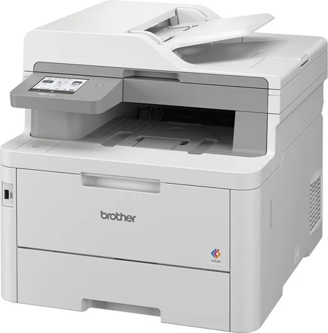 Brother MFC-L8390CDW blanc et gris, vue de trois quarts avec son bac papier frontal