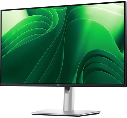 Écran Dell P2425D noir et argent, vue de face légèrement décalée avec son pied